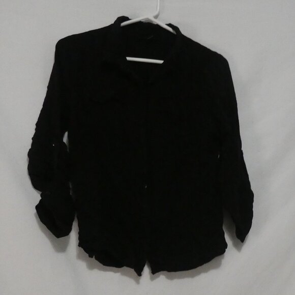 MAJORA | large | Black Button-Up Shirt | Scrunched Roll Tab Sleeves | Pockets - Picture 1 of 16